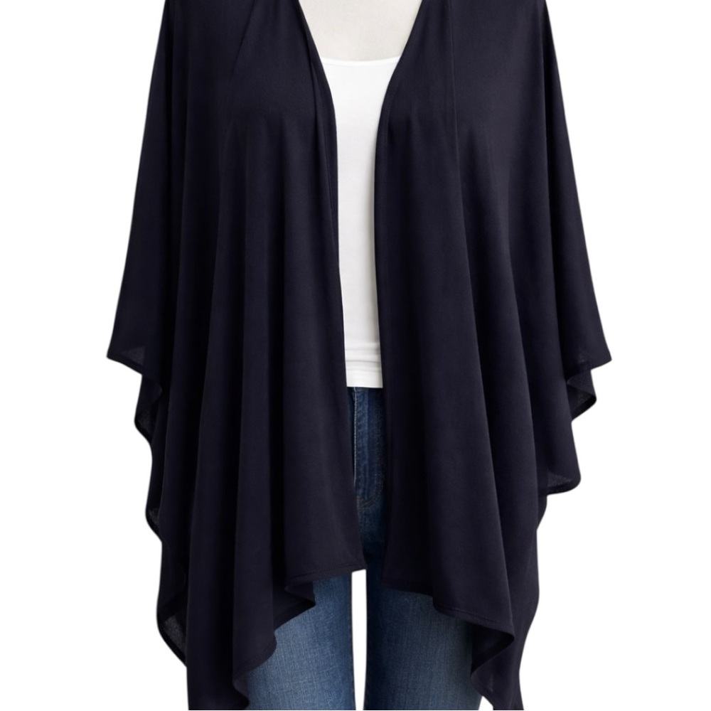 Chico’s Navy Blue Draped Poncho OSFM Open Front Cape Sleeve Lightweight Layer - Picture 2 of 8